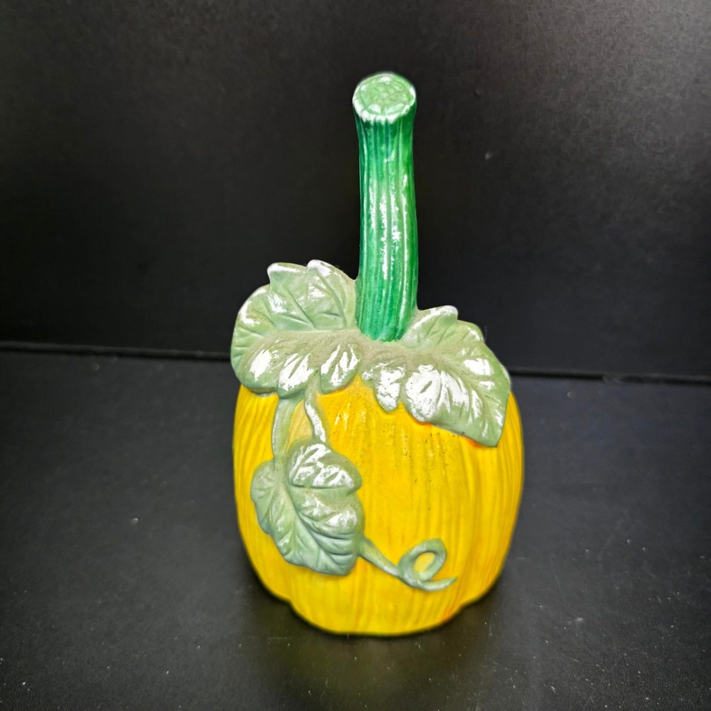 Handprainted Pumpkin Bell Small Yellow Ceramic Fall Harvest Autumn Decor Cottage